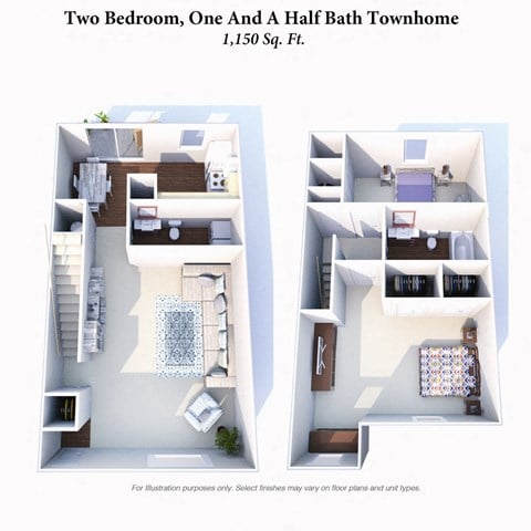Floor plan for 2 beds, 1.5 baths, 1150 sqft
